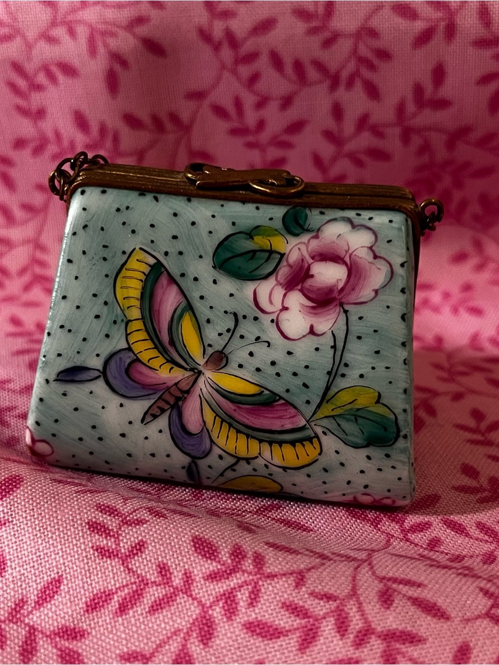 Limoges Hand-Painted Butterfly Mini Purse in Pastel Pink, Yellow, Green